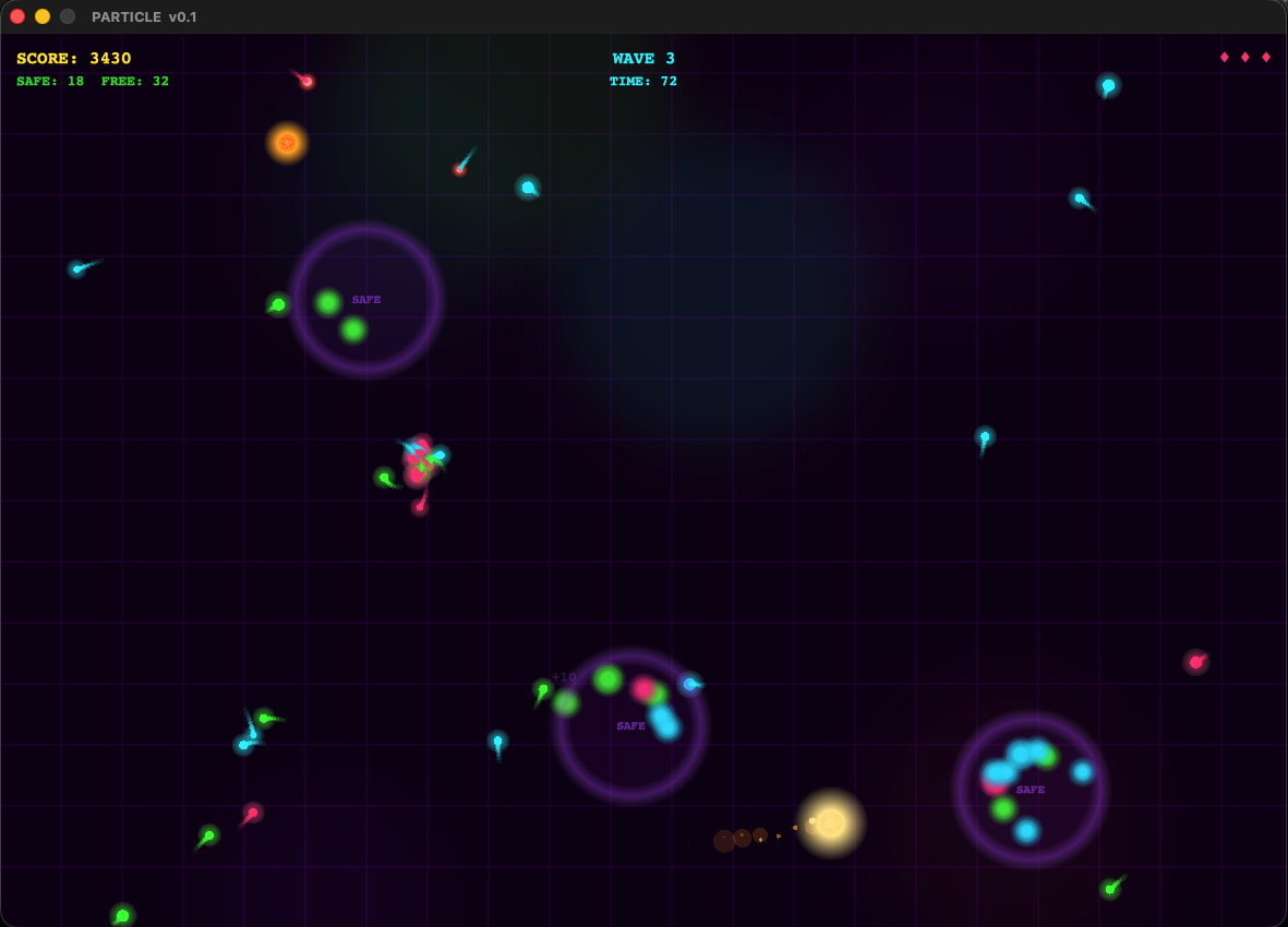 PARTICLE gameplay showing boids being herded into safe zones while predators hunt them