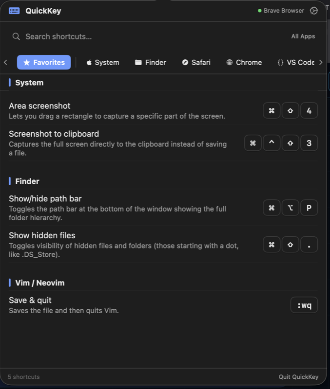 QuickKey showing favorites with keyboard shortcuts for System, Finder, and Vim