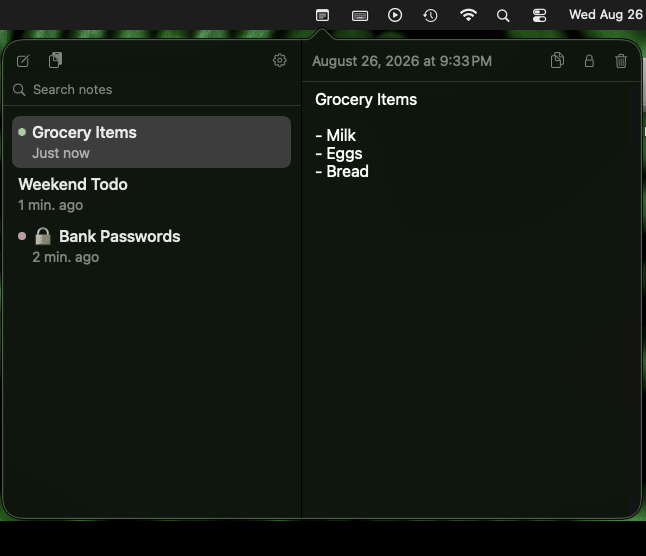 QuickNotes menu bar app cycling through notes, links, and settings