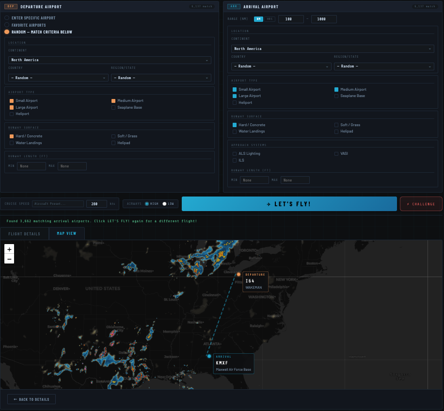 SimLetsFly map view showing a flight route with live weather radar